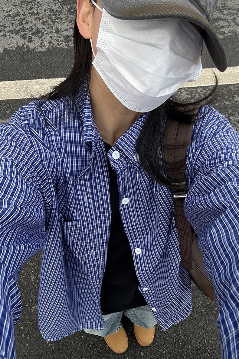 格子衬衫春夏美式蓝色格子衬衫港风情侣装休闲长袖衬衣CS276-P35,男装衬衫,星座301C-5