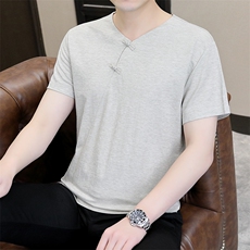 风2026夏季纯棉盘扣绣短袖T恤唐装大码男士小衫XF6502-P45，男装T恤，星座1105-3