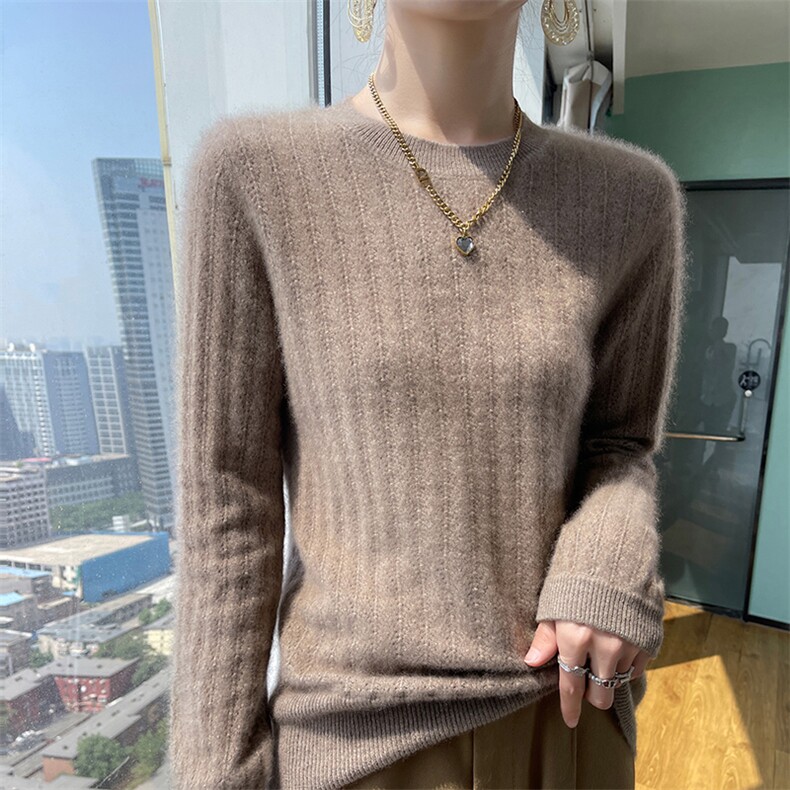 低圆领镂空羊毛衫女2024秋冬装新款针织衫,女装羊毛衫,百越羊绒