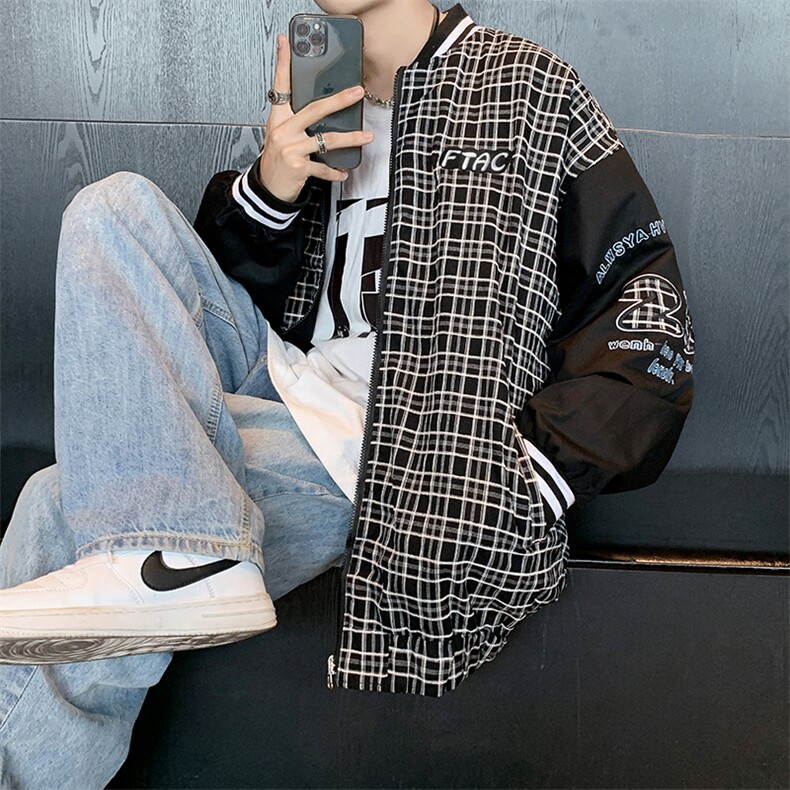 潮设计感格子双面穿棒球服oversize百搭炸街外套W1240-P60,男装夹克,星座512-2