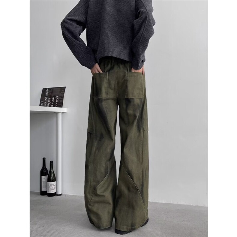 复古水洗做旧休闲裤潮流宽松拼接设计感阔腿弯刀裤,男装休闲裤,星座410-7
