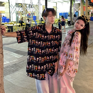 EQ411 夏威夷风可爱卡通夏季旅游度假沙滩情侣装衬衫男女短袖潮流图片