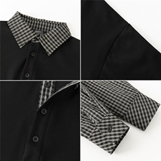 【高质量】美式复古假两件卫衣翻领格纹拼接设计POLO衫7725-P65，男装Polo衫，电商B245