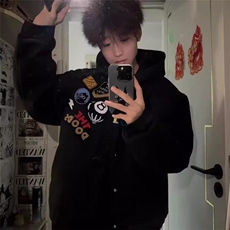 美式复古高街黑八刺绣徽章字母夹克棒球服男女情侣夹棉春秋季，女装短外套，星座506A