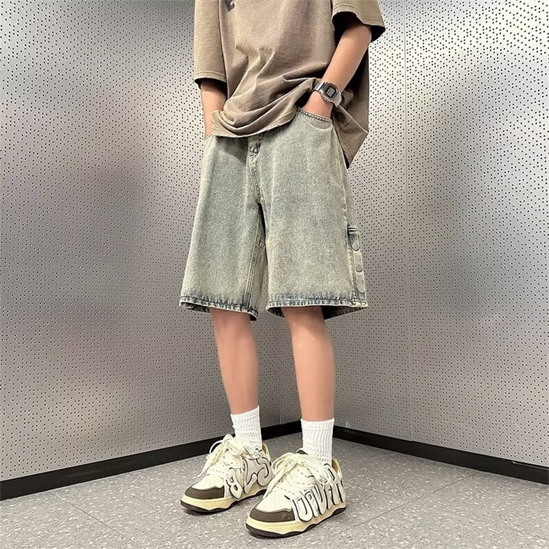 排扣牛仔短裤男夏季黄泥色水洗做旧马裤美式高街复古宽松五分裤子,男装牛仔裤,星座506A