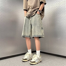 排扣牛仔短裤男夏季黄泥色水洗做旧马裤美式高街复古宽松五分裤子，男装牛仔裤，星座506A