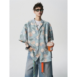 8XL-M 冰丝凉感衬衣垂感透气复古花纹宽松男五分袖短袖衬衫CS526图片