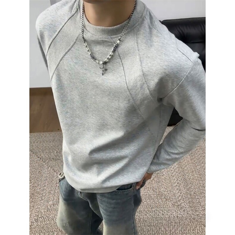 抖音得物品质26春装美式高街曼巴棉螺纹拼接卫衣圆领长袖T恤YT164,男装T恤,电商A486-1