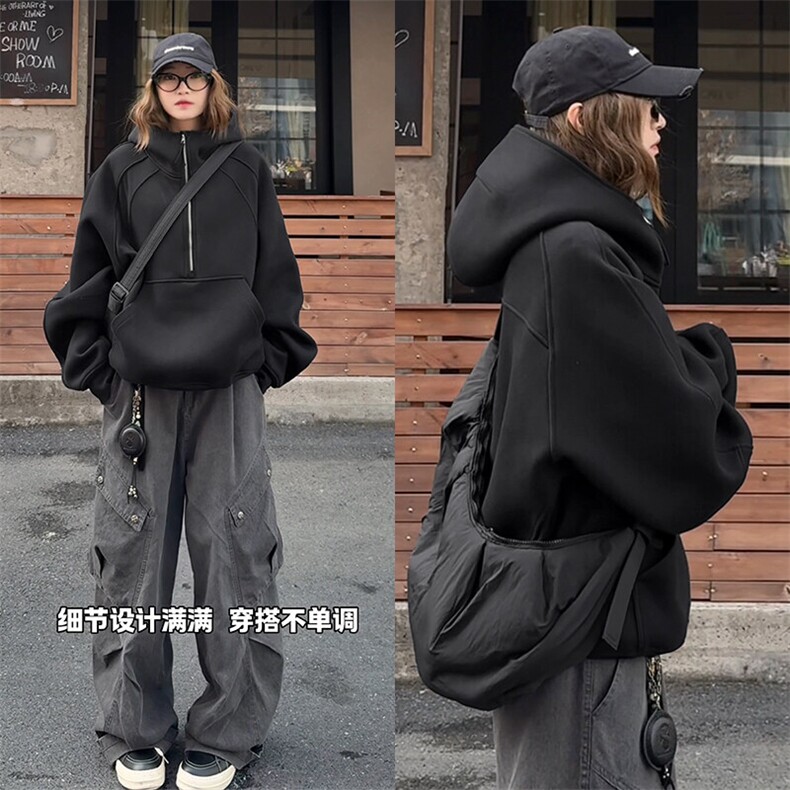 GENIOLAMODE连帽衫卫衣男女款秋季重磅半拉链解构外套不变形上衣，男装卫衣，电商A102