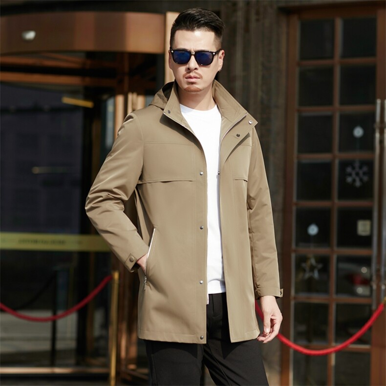 中长款2023春秋季新款风衣中青年男士潮宽松连帽纯色商务休闲外套，男装风衣，电商B212（原钱塘6029）