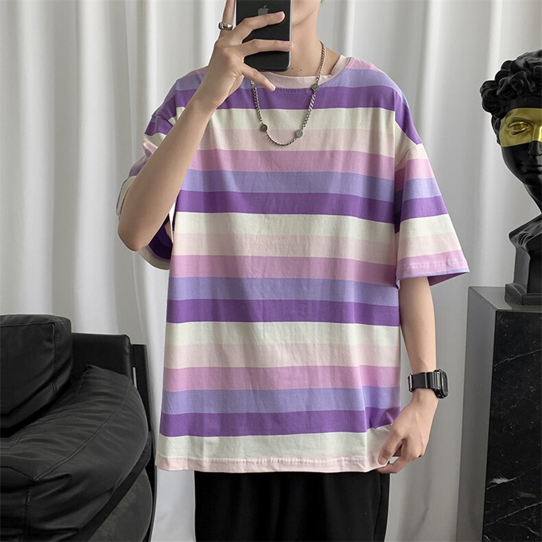 渐变条纹短袖男夏季潮t恤ins炸街嘻哈衣服港风宽松半袖 T570-P25图片