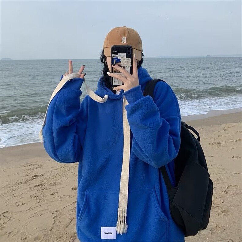 简约潮流日系新款文艺原宿气质流行羊羔绒蓝色夹克慵懒百搭ins图片