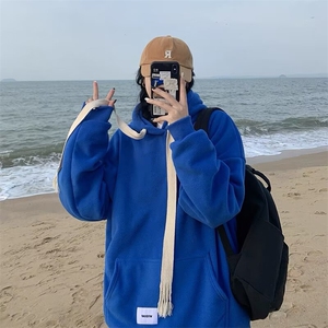 简约潮流日系新款文艺原宿气质流行羊羔绒蓝色夹克慵懒百搭ins图片
