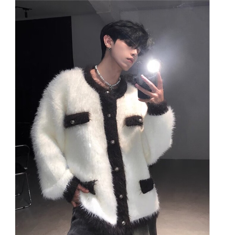 美式复古超保暖加厚水貂毛毛衣男士加棉秋冬季针织开衫小香风外套图片