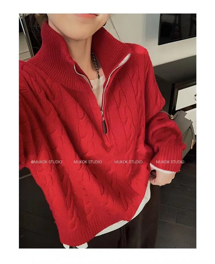新款女士半开衫拉链毛衣麻花立领刺绣秋冬针织衫上衣,针织衫/毛衣,半城羊绒