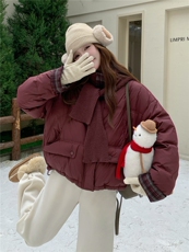 现货新款韩版宽松立领撞色格子袖口羽绒服短款外套面包服，女装羽绒服，网红馆