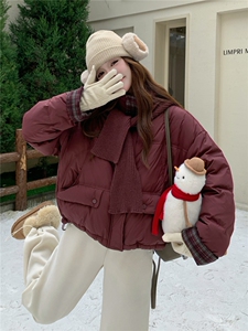 现货新款韩版宽松立领撞色格子袖口羽绒服短款外套面包服图片