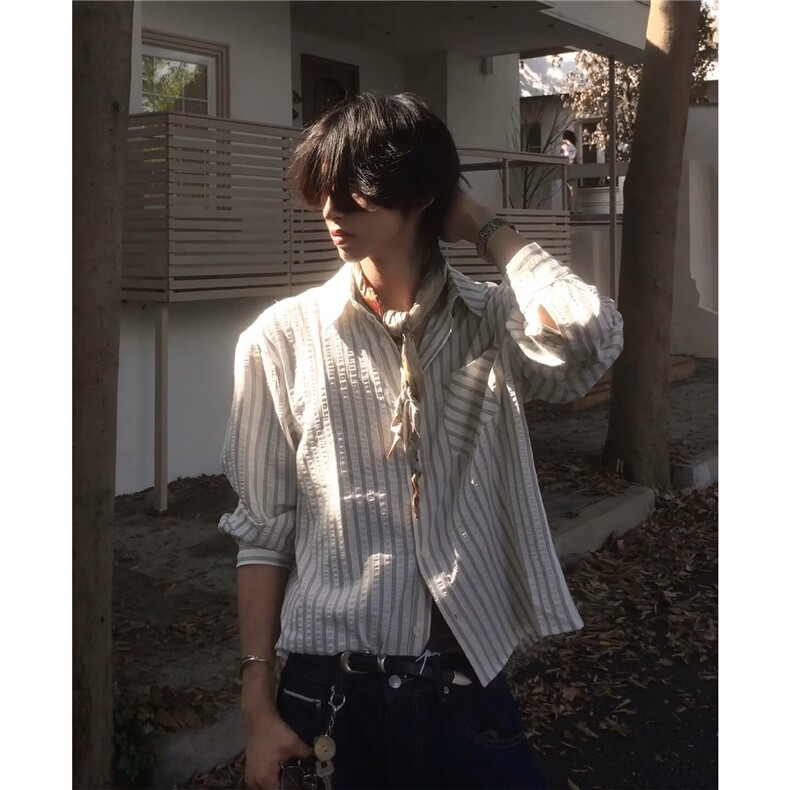 美式潮牌高街复古泡泡纱竖条纹日系肌理长袖衬衫男女休闲宽松衬衣，男装衬衫，电商A443