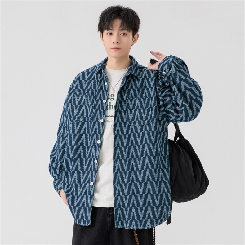 25年春季牛仔长袖衬衫得物二开衬衣宽松现货DS-C323-1-G663-T批55,男装衬衫,电商C323-1