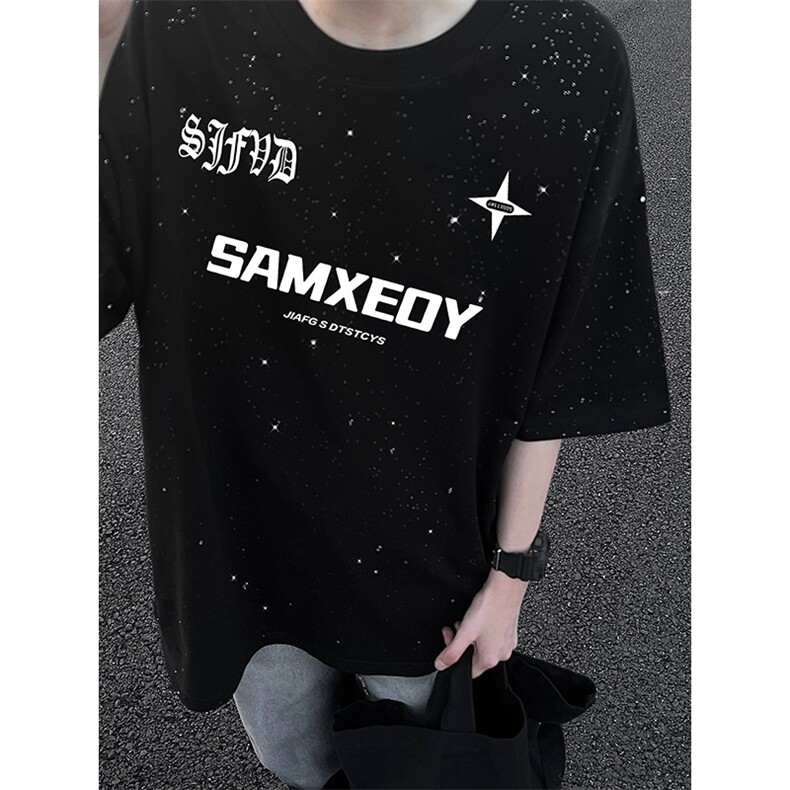 量大优供抖音视频支持得物配合二开美式满天星亮片短袖T恤MTX337,男装T恤,电商A486
