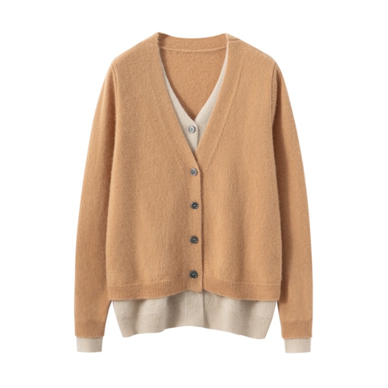 贺琛|假两件拼色设计软糯山羊绒针织开衫女V领显瘦毛衣外套，女装羊绒衫，雪山红莲