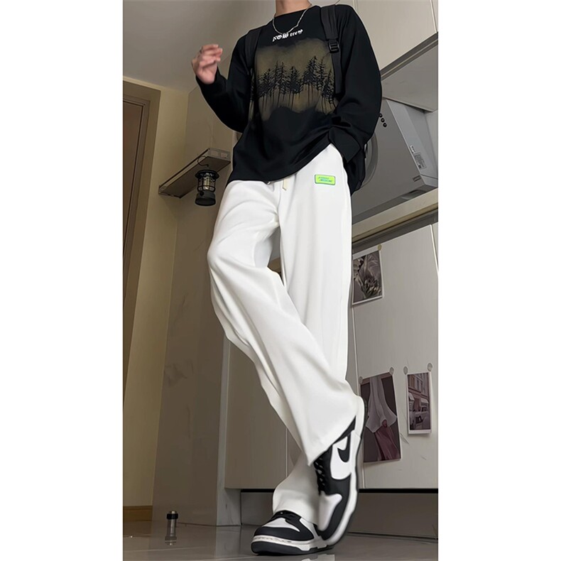 少年感运动裤子男春秋季侧边印花设计感拼接潮牌宽松直筒阔腿长裤，男装休闲裤，电商D205