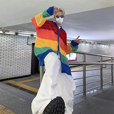 美式潮牌多巴胺彩色条纹镂空拉链针织开衫毛衣宽松百搭外套，男装针织衫/毛衣，星座716-2