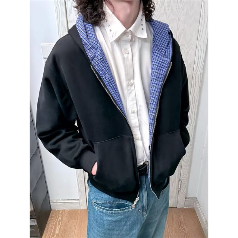 撞色拼接格子假两件夹克外套男女秋季翻领情侣开衫上衣,男装夹克,星座506A