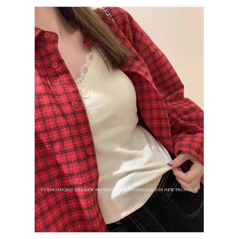 TC603-P45红色格子衬衫女2026新款韩系衬衣慵懒风长袖防晒外套,女装衬衫,星座617A-2