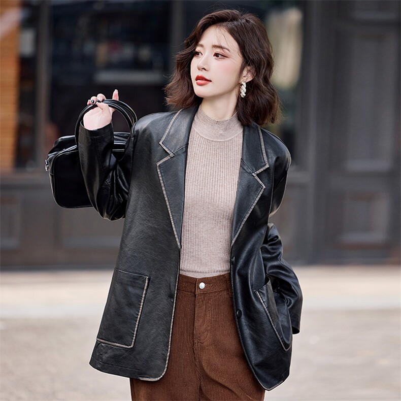 西装皮衣外套女中长款春秋2025新款高级感美式复古女士美拉德夹克,女装皮衣,简古