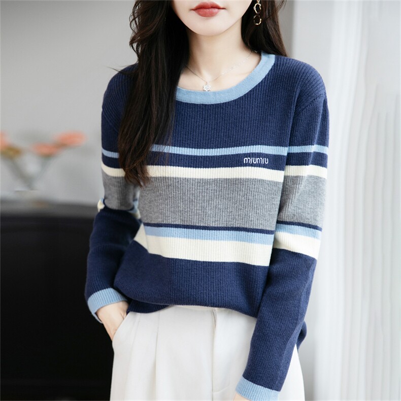2025秋冬新款韩版圆领针织衫女拼色条纹字母宽松长袖毛衣打底上衣，女装针织衫/毛衣，菲奥羊绒