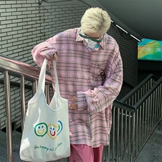 美式粉色ins男女格子衬衫情侣设计感小众防晒长袖格纹衬衣薄，男装防晒衣，星座716-2