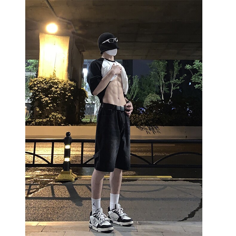 B221美式ins高街暗黑拉链休闲牛仔短裤五分裤LK23082-P50控68,男装牛仔裤,电商B221