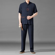 夏季冰丝短袖t恤2023夏装新款休闲风套装唐装宽松一套男装，男装休闲套装，电商B212（原钱塘6029）