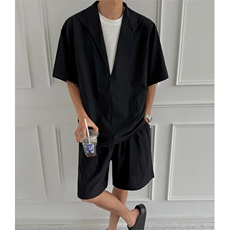 老钱风穿搭天丝亚麻男士套装夏季薄款黑色假两件短袖衬衫短裤一套，男装休闲套装，电商D206-1