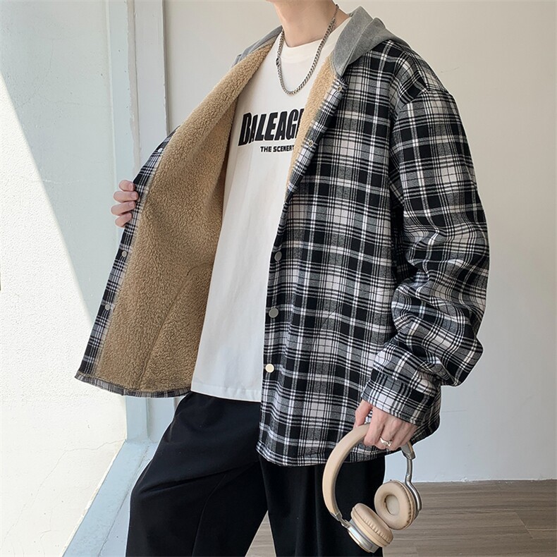 格子连帽外套男2024秋冬新款宽松休闲夹克男情侣衬衫外套J223-P60,男装夹克,星座505-3