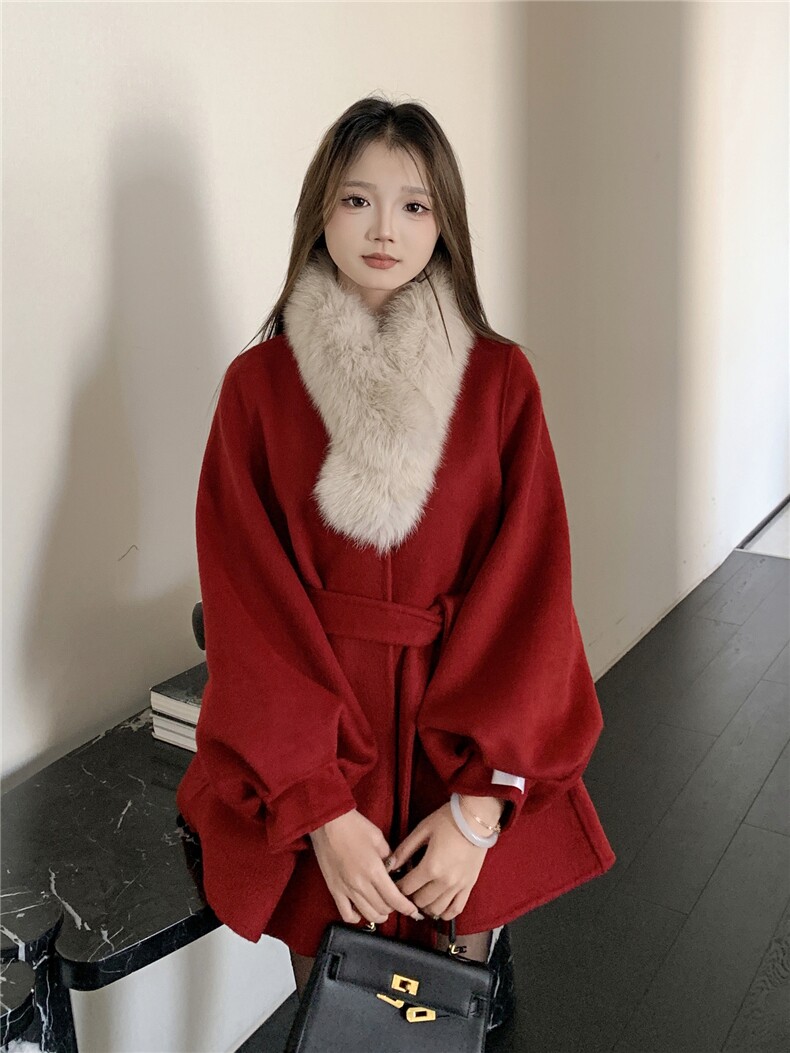 现货新款圣诞款2176-P350-K520双面羊绒大衣配围脖,女装双面呢大衣,韩然一族