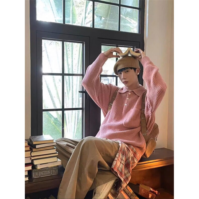现货MY57-P80粉色宽松百搭口袋polo领长袖毛衣针织衫男女,男装针织衫/毛衣,星座1501-3