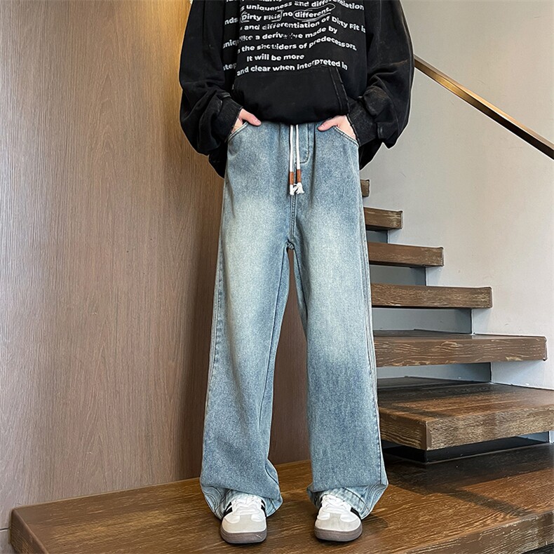 直筒牛仔裤M~8XL特大码宽松美式vibe潮牌抽绳拼接裤子NZ9002/P55，男装牛仔裤，电商B238