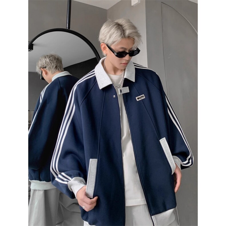 美式复古三条杠潮牌宽松拼接设计感外套夹克棒球服男士W1703p58,男装夹克,电商D315