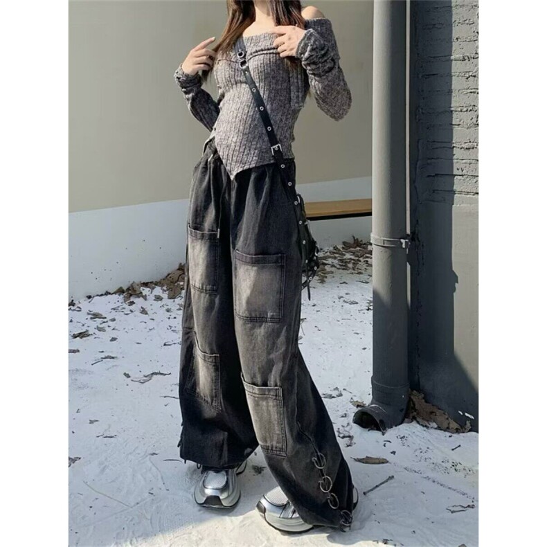 嘻哈潮牌高街拖地阔腿牛仔裤设计感宽松大码美式复古直筒工装长裤,男装牛仔裤,星座506A