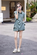 不规则收腰牛仔衬衫短裤套装女夏2025新款巨好看流行两件套酷飒，女装套装/套裙，大掌柜