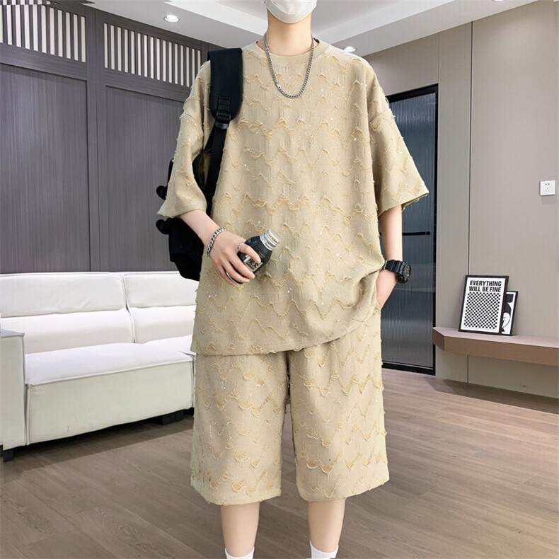 夏季港风套装男宽松满天星短袖T恤短裤休闲套装TZ6631-P55,男装牛仔裤,星座310B-3