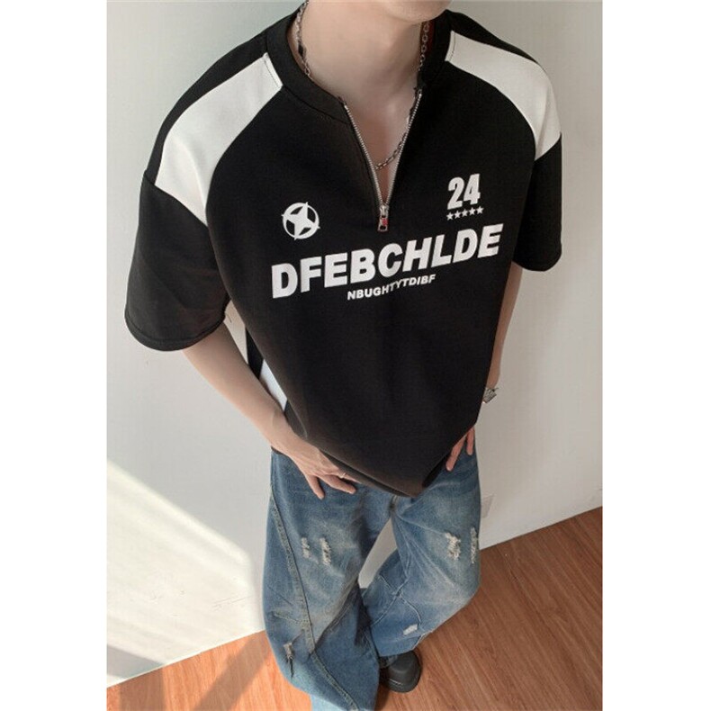 拼接球衣风t恤男生穿搭半拉链机车短袖夏季重磅情侣卫衣TW225,男装T恤,星座1116A（原606A-3）