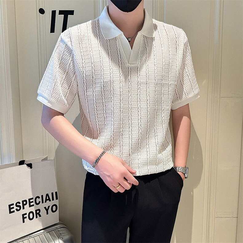 店主风社会小伙男士镂空纯色V领POLO衫男T恤301A-1/PL101/P48,男装T恤,星座301A-1