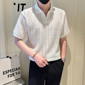 店主风社会小伙男士镂空纯色V领POLO衫男T恤301A-1/PL101/P48图片