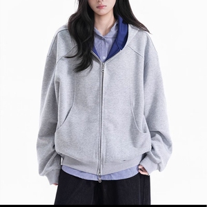 美式复古重磅衬衫假两件卫衣外套女春秋2025新款开春宽松拉链开衫图片
