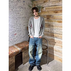美式铆钉水洗牛仔男女秋冬高腰显瘦宽松阔腿拖地长裤NZC654，男装休闲裤，星座516A