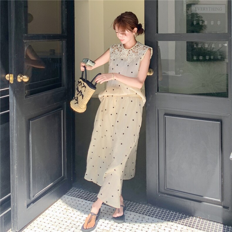 蕾丝拼接波点套装裙女夏2025新款无袖衬衫上衣两件套流行巨好看,女装套装/套裙,2C272