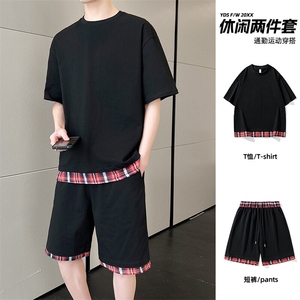 短袖短裤套装男士夏季薄款透气潮流时尚t恤夏装一套休闲运动衣服图片